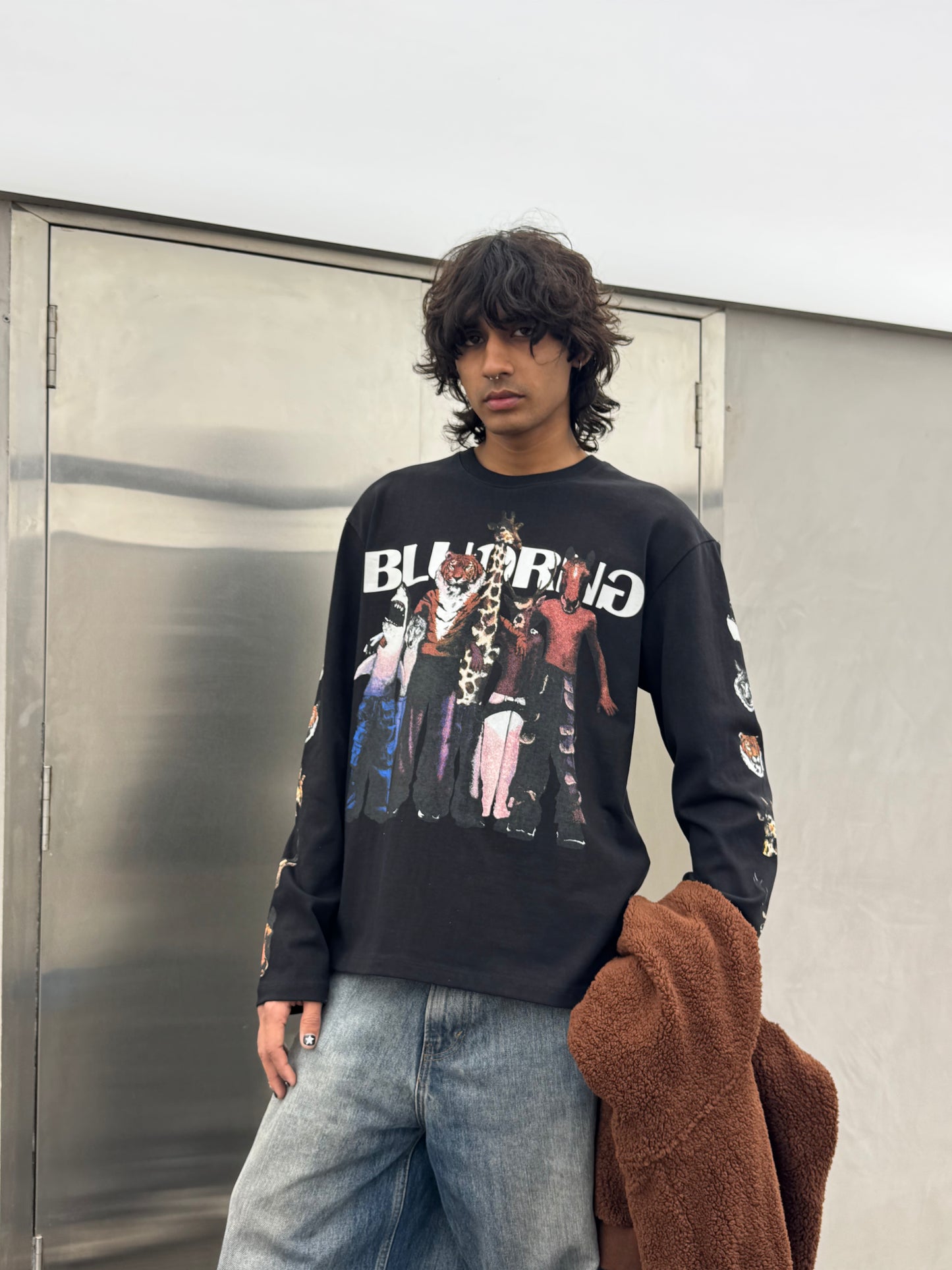 Black premium oversized screen-print full-sleeve t-shirt