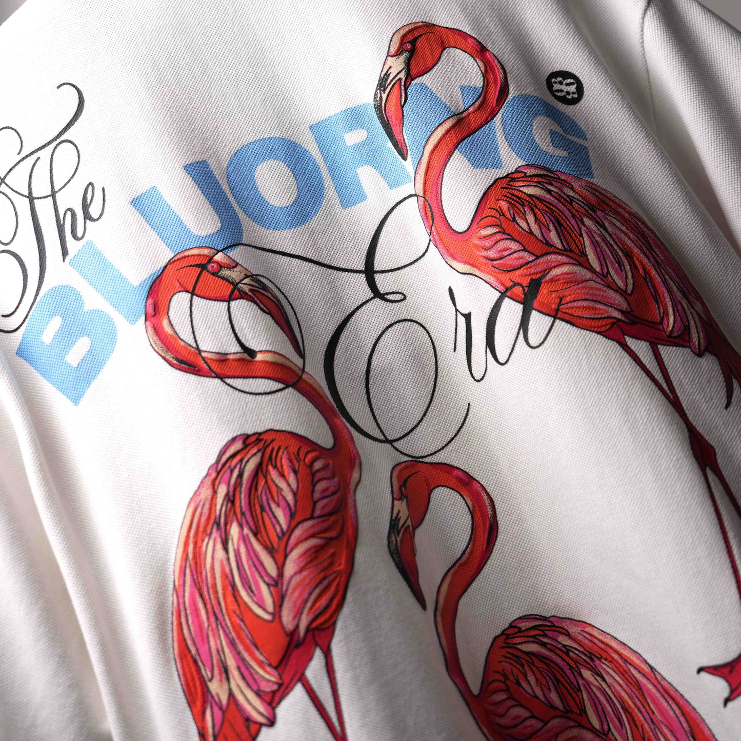 White Emerald Flamingo Screen Puff Print Polo T-Shirt