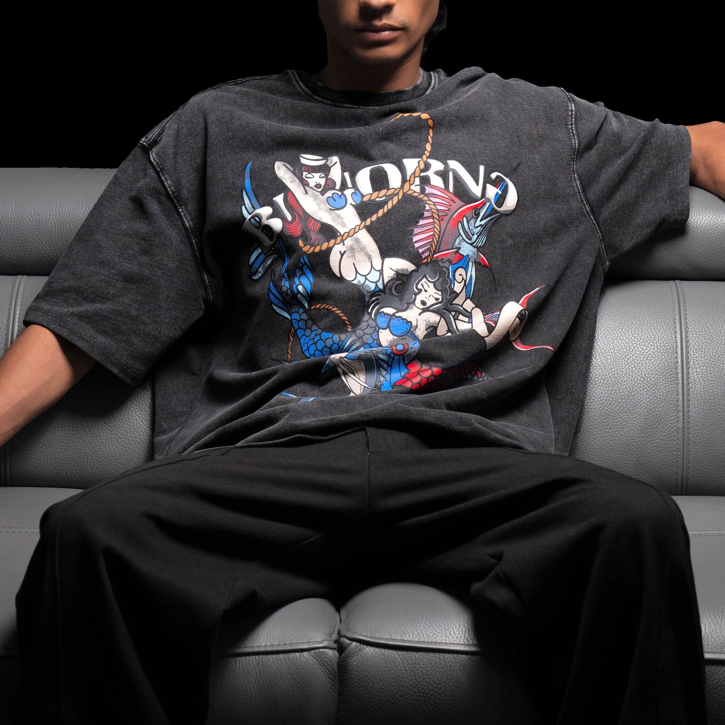 Premium oversized faded grey stone wash graphic t-shirt