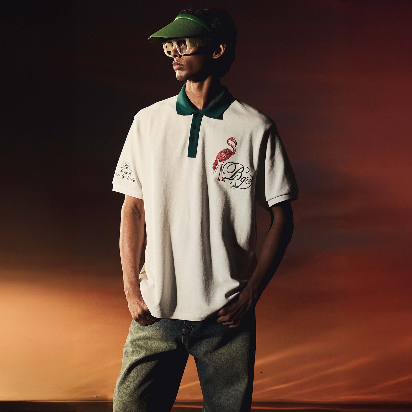 White Emerald Flamingo Half Sleeve Polo T-Shirt