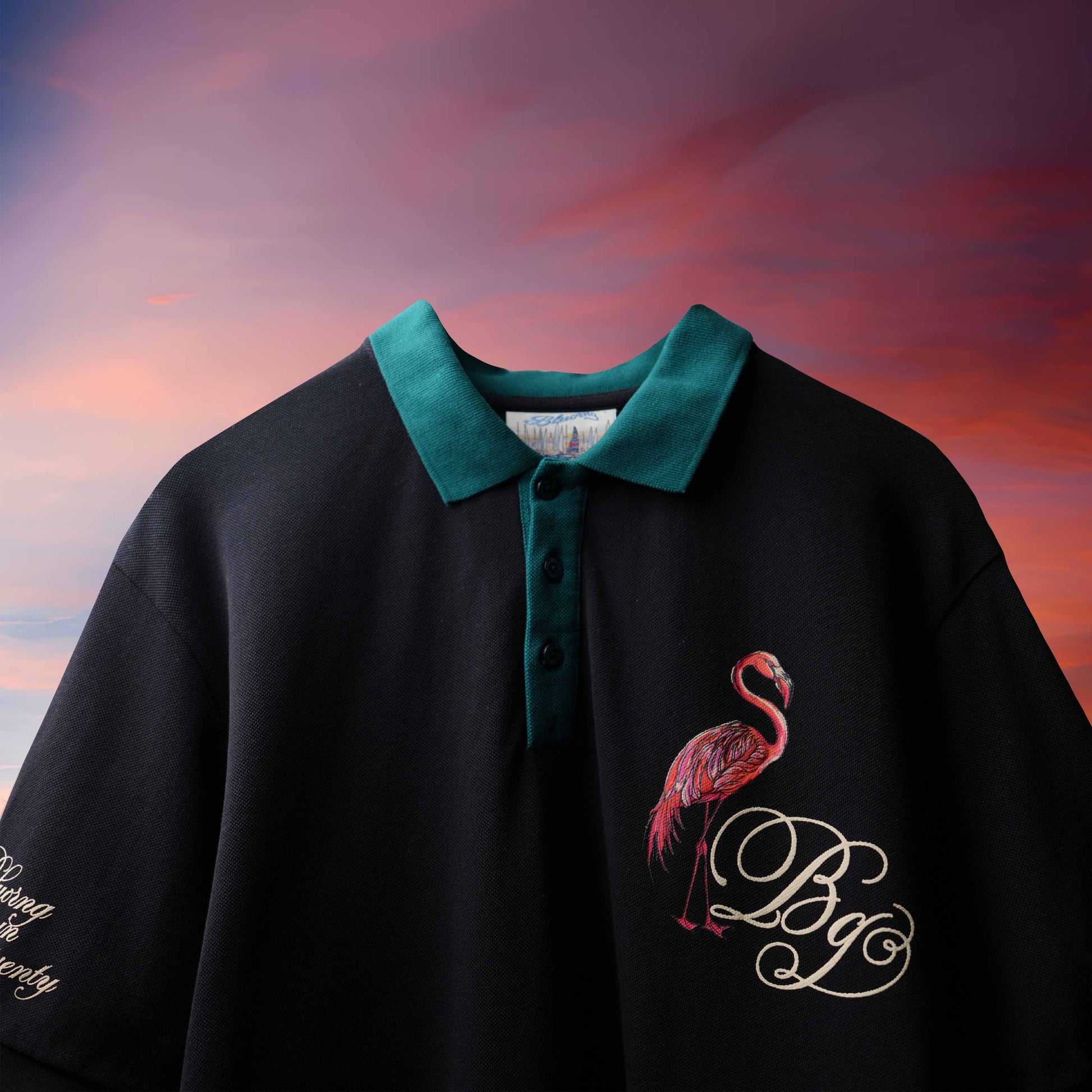 Black Emerald Flamingo Screen Puff Print Polo T-Shirt