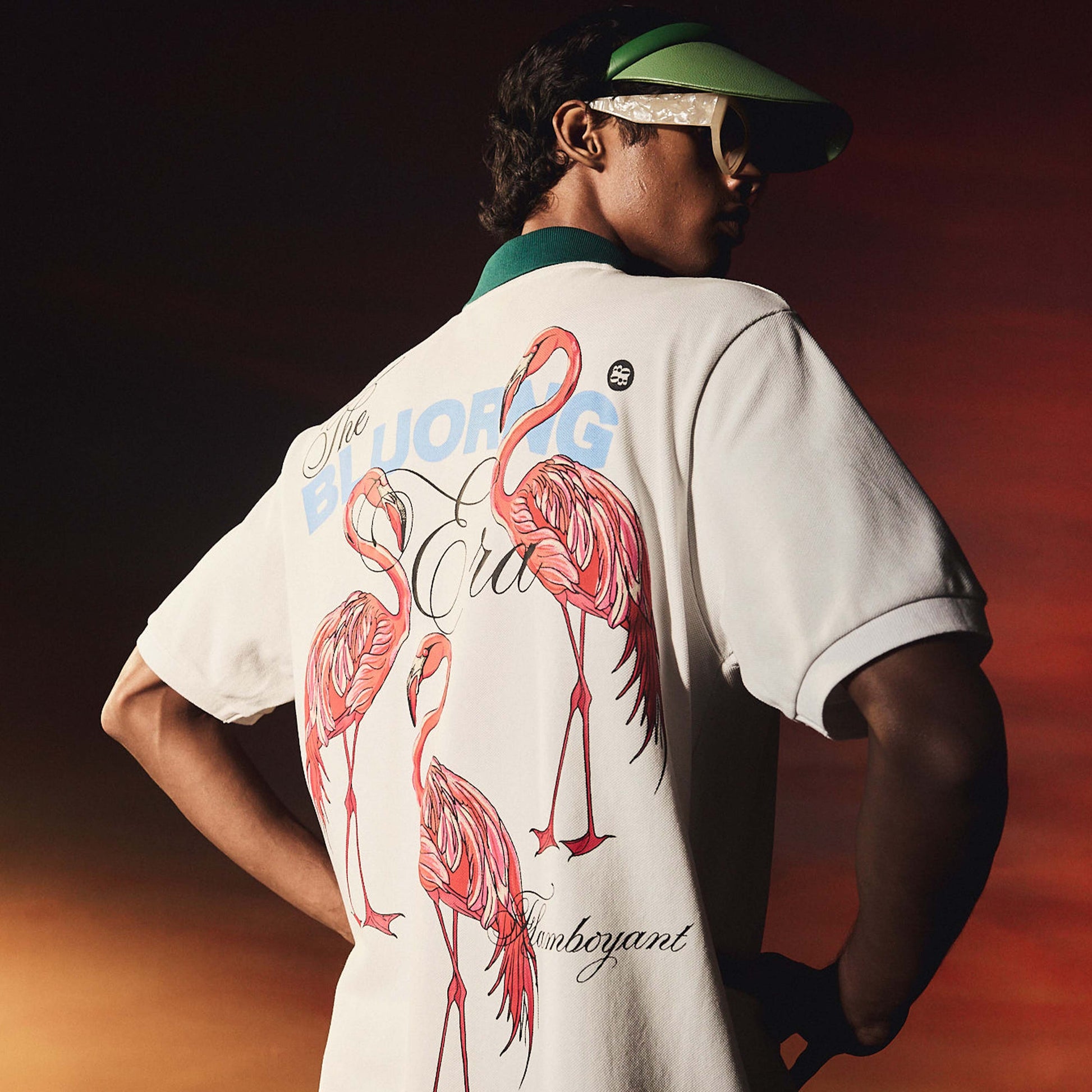 White Emerald Flamingo Screen Puff Print Polo T-Shirt