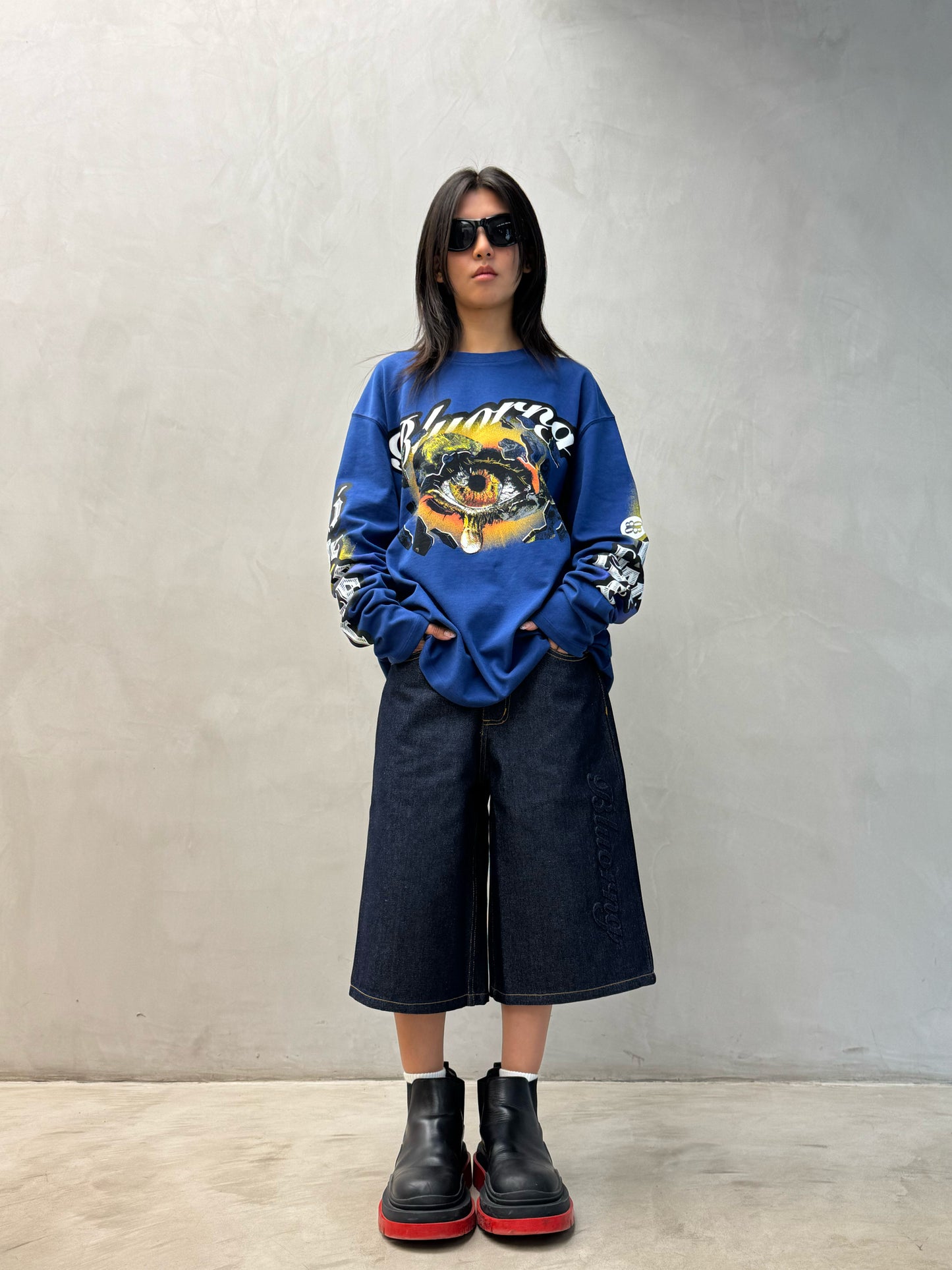 Luxury oversized blue full-sleeve tee with bold print