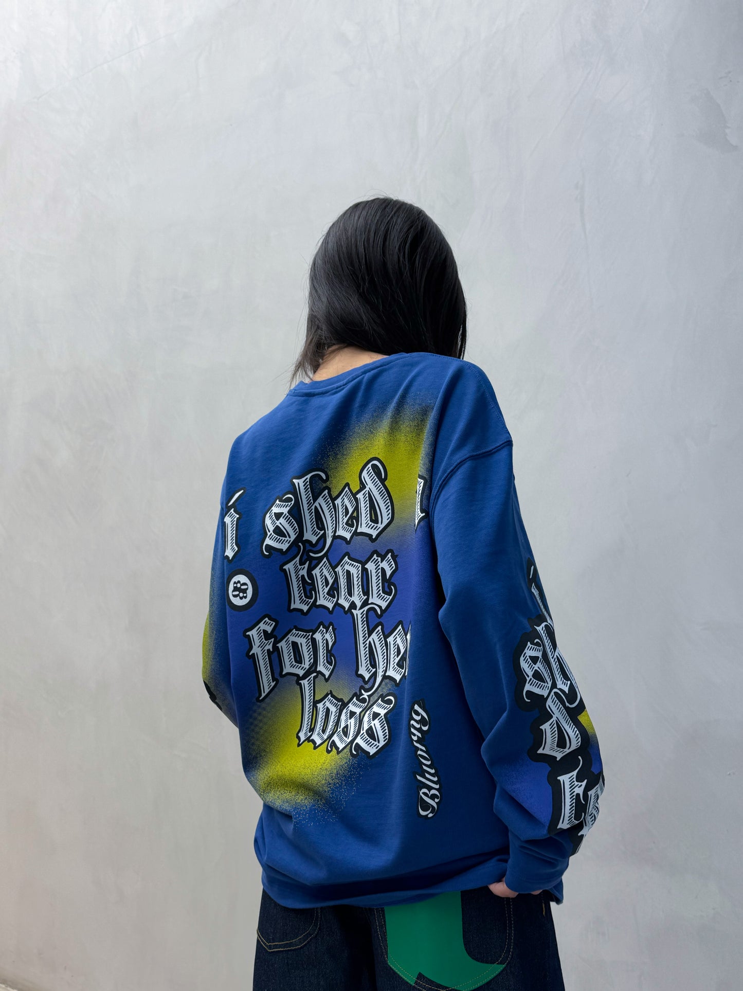 Blue oversized cotton long-sleeve t-shirt premium graphic