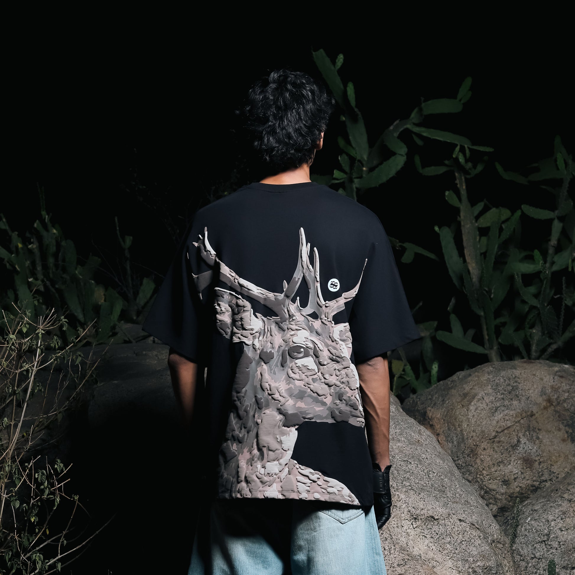 Premium oversized black streetwear stag print tee