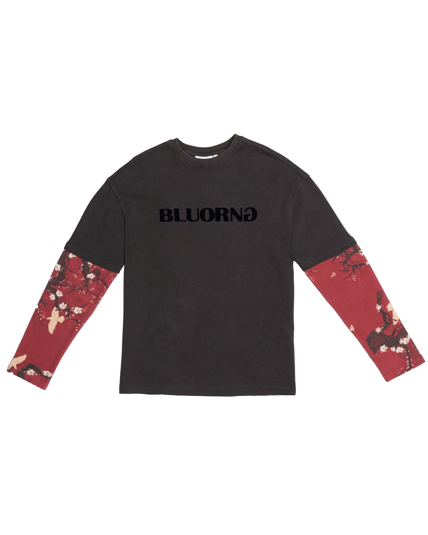 A long-sleeve t-shirt in dark charcoal gray with 'BLUORNG' printed in black across the chest, featuring red floral patterned sleeves.