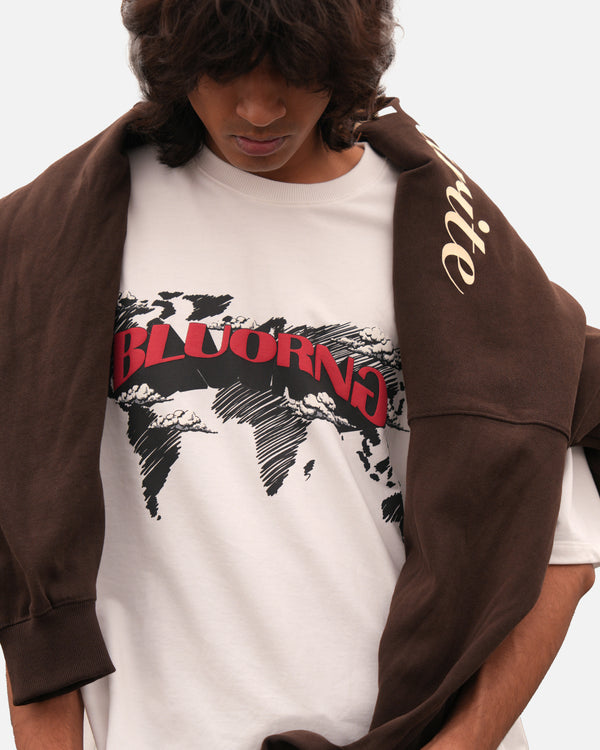 Premium oversized white tee scribble worldwide graphic