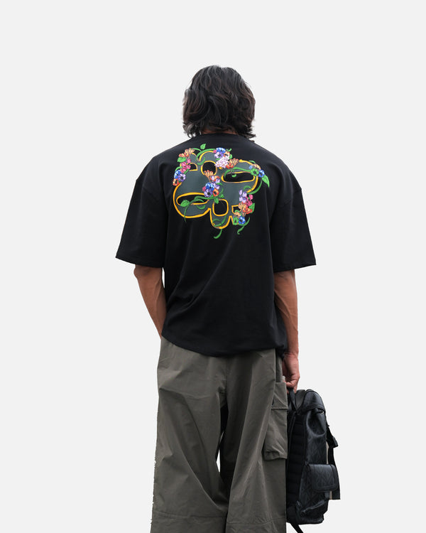 Luxury oversized black t-shirt with garland art