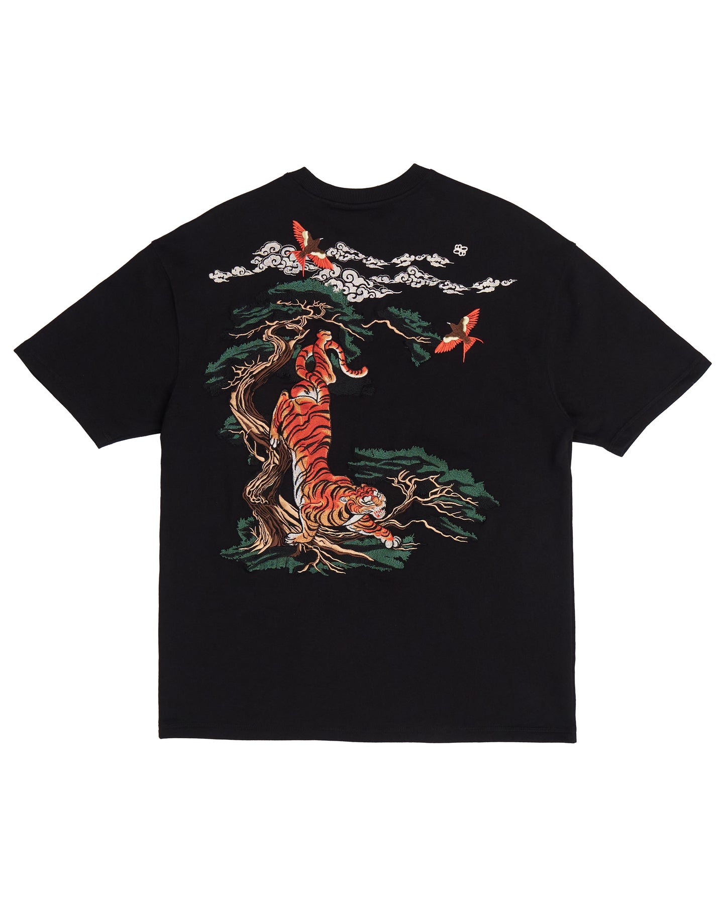 A black short-sleeve t-shirt with a large graphic print on the back featuring an orange and black tiger, a tree, red butterflies, and white clouds.