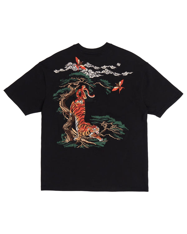 A black short-sleeve t-shirt with a large graphic print on the back featuring an orange and black tiger, a tree, red butterflies, and white clouds.