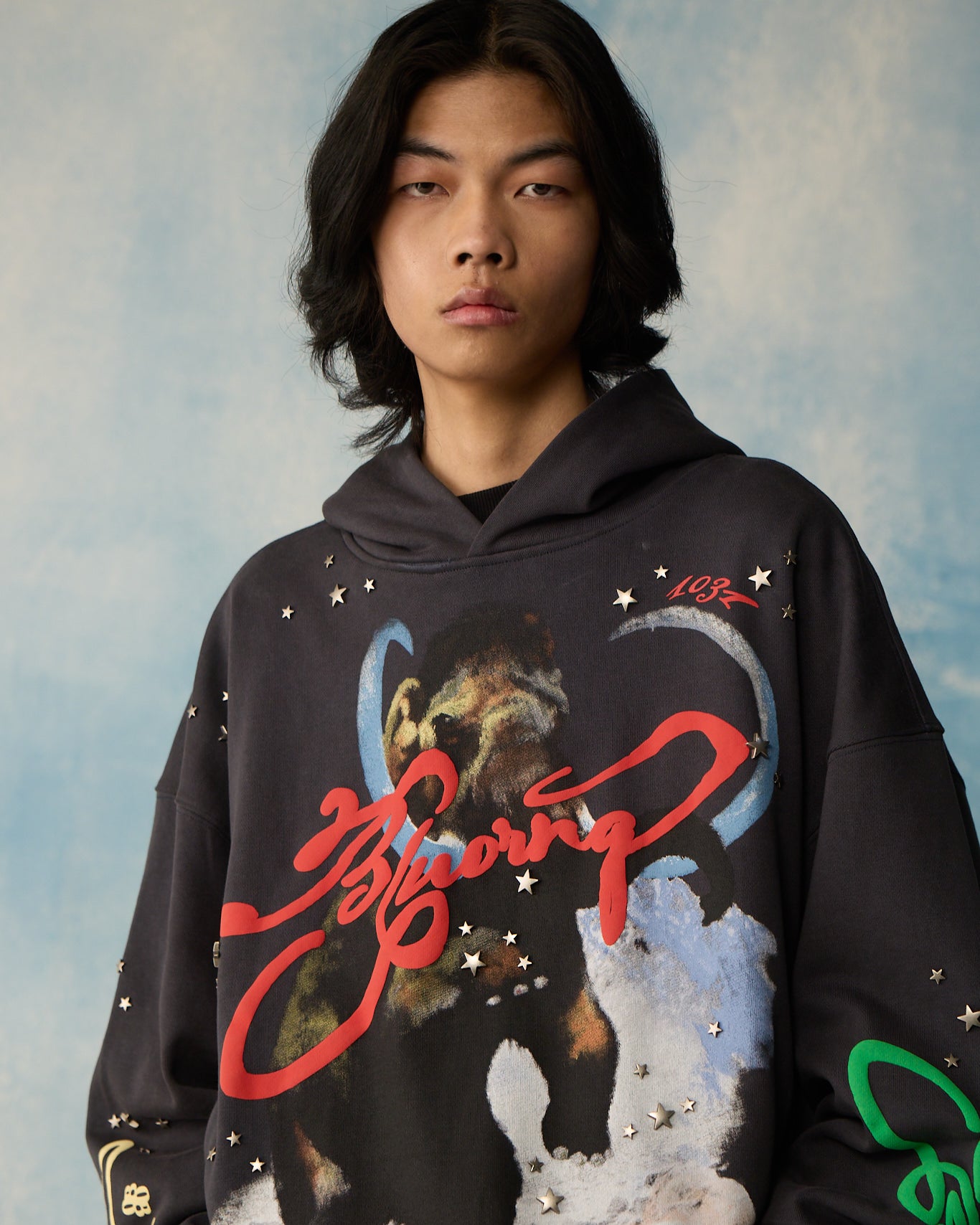 GREY STAR STUDDED HOODIE