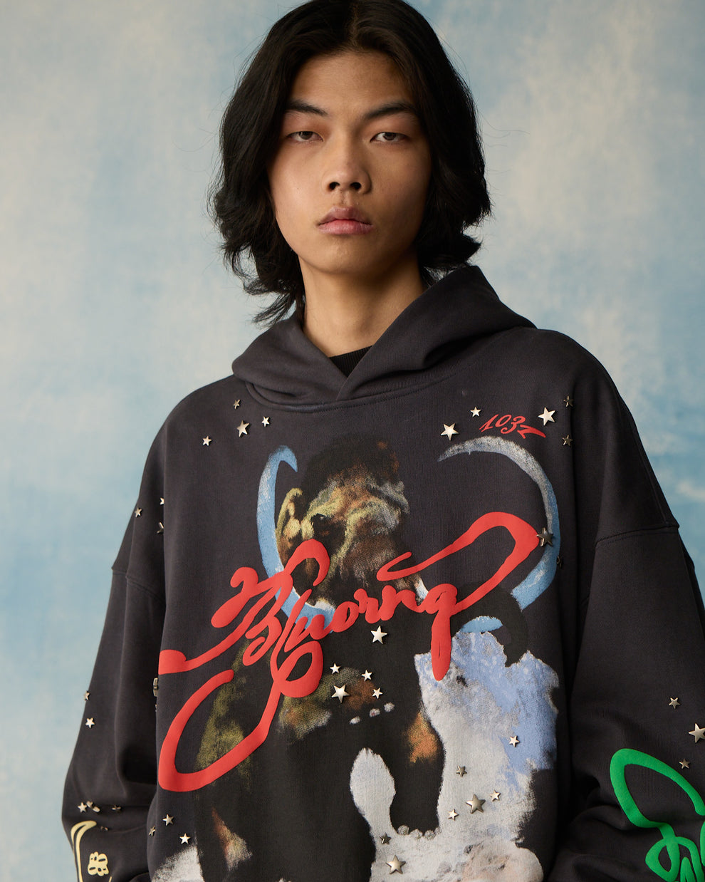 Buy Mammoth Printed Grey Start Studded Hoodie | BLUORNG