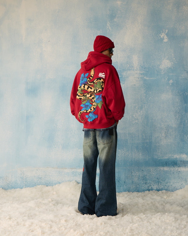 Red Serpent Bloom Zipper Hoodie