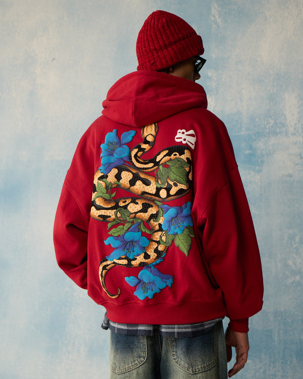 Red Serpent Bloom Zipper Hoodie