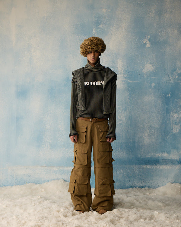 Grey Wash High Neck Rib Full Sleeve