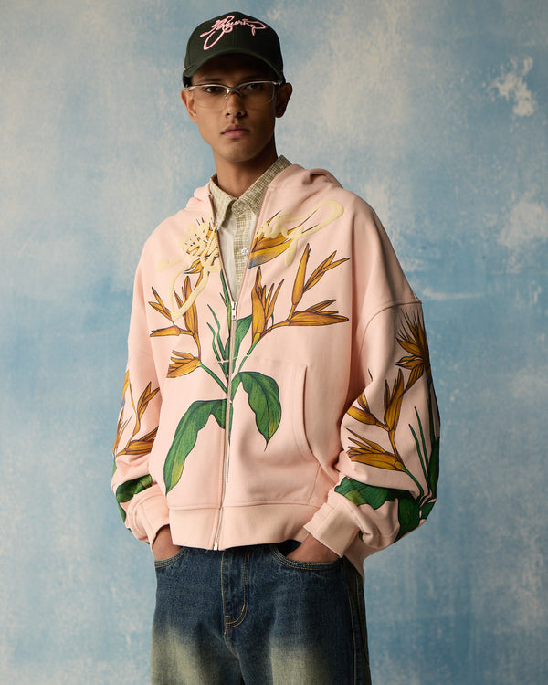 Pink Birds Of Paradise Zipper Hoodie