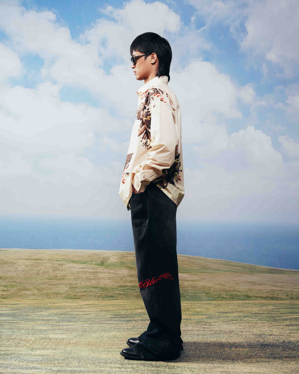 Cream cotton poplin printed shirt