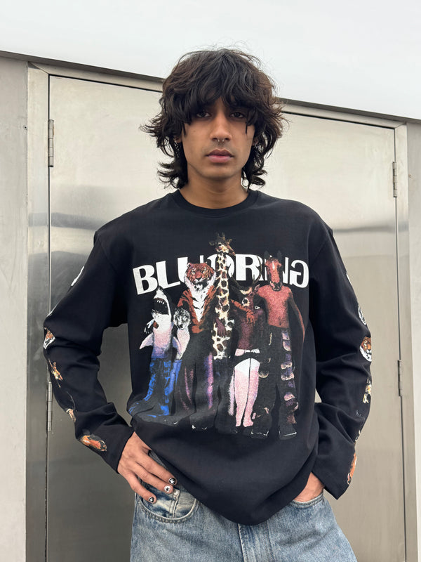 Premium oversized black full-sleeve tee nature inspired print