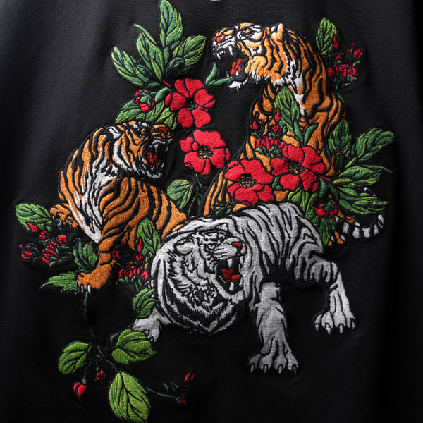 Premium oversized black embroidered tiger statement tee