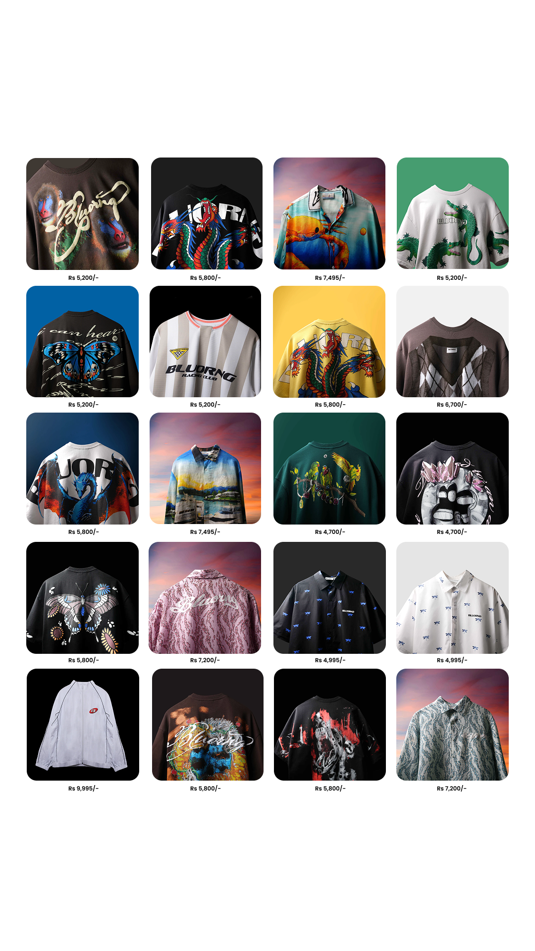 A grid of 20 small product thumbnails showing various graphic jackets and shirts, likely from a collection named 'BLAZING', displayed on a white background with each card labeled with a model number.