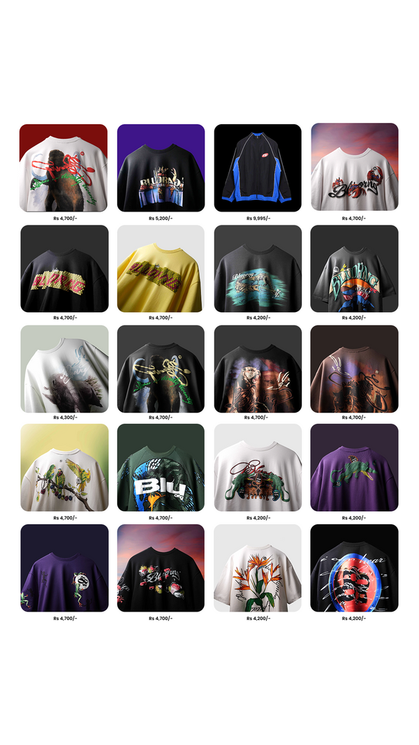 A grid of 24 small product thumbnails showing various graphic t-shirts in different colors and designs, arranged in a 4x6 layout on a light gray background.