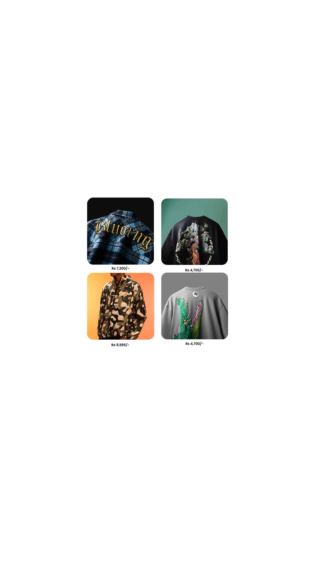 A 2x2 collage showing four different apparel items from the brand A Bathing Ape (BAPE): a black jacket with gold lettering, a black jacket with a colorful graphic, a camouflage patterned jacket, and a gray sweatshirt with a green and pink graphic.