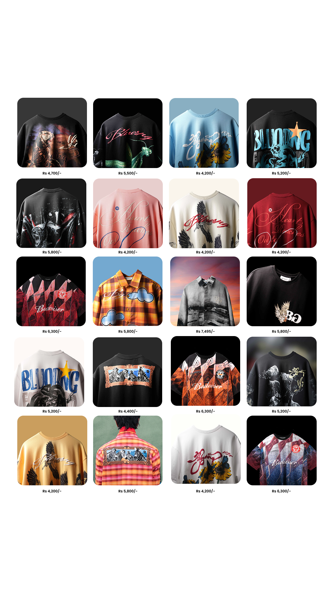 A grid of 24 small product thumbnails showing various graphic t-shirts and a plaid button-up shirt, each with a small text label underneath, arranged on a light gray background.
