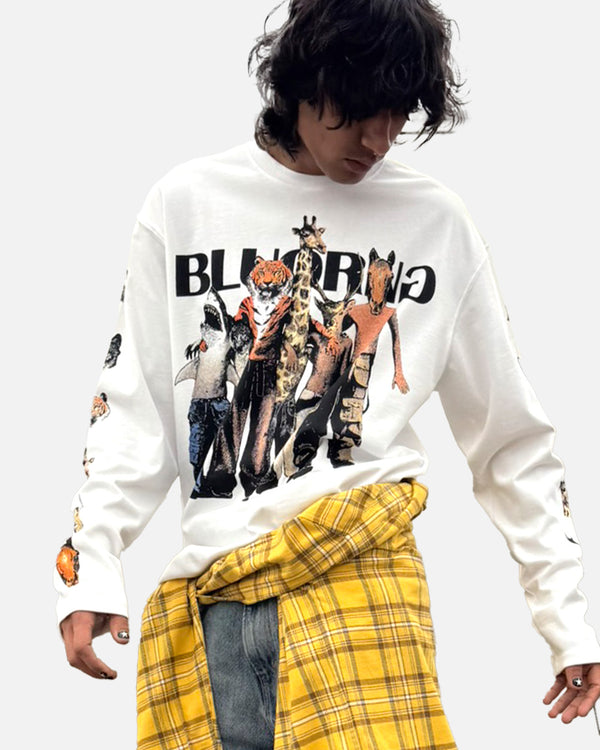 Premium white oversized long sleeve tee with nature-inspired print