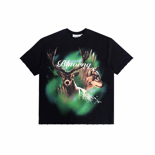 Black oversized premium Aurora Stag t-shirt with bold artwork