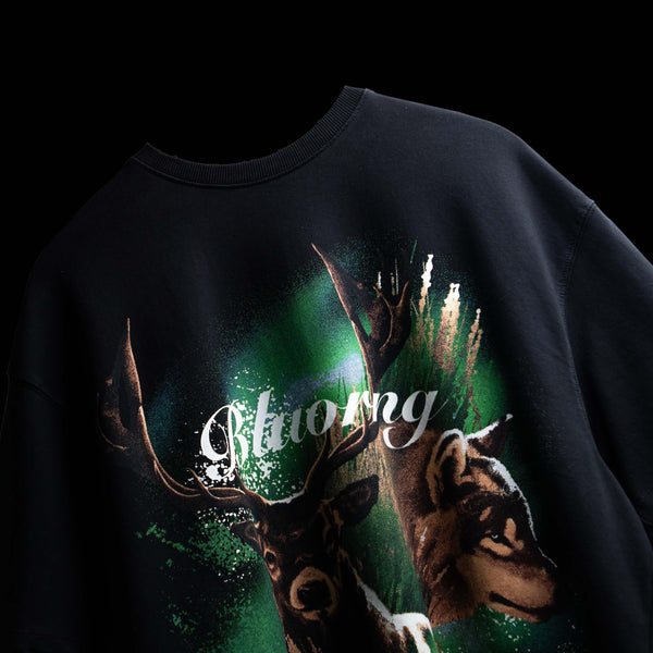 Black premium oversized Aurora Stag graphic t-shirt with distressed finish