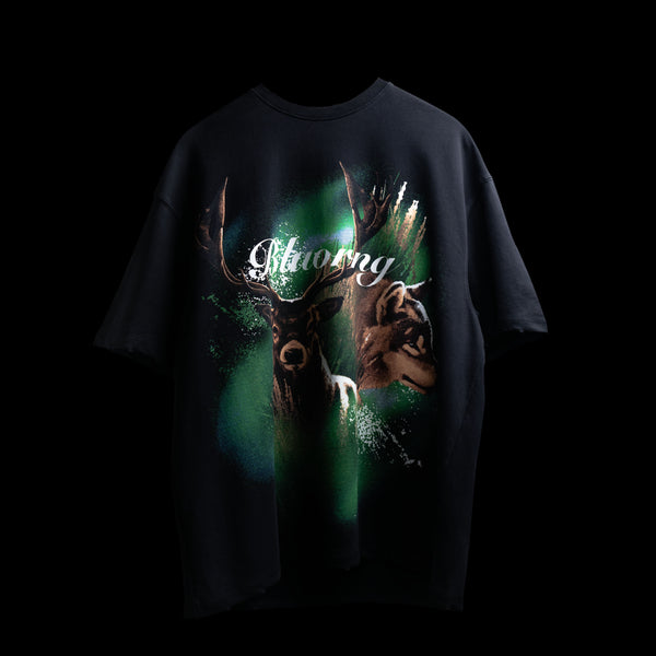 Premium oversized black t-shirt distressed hem Aurora Stag design