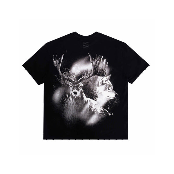 Premium oversized black t-shirt with stag print and edgy details