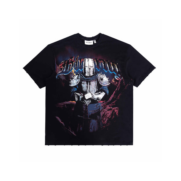 Premium oversized tee with distressed treatment and warrior theme