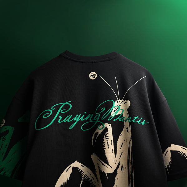 Premium black oversized t-shirt with bold praying mantis graphics