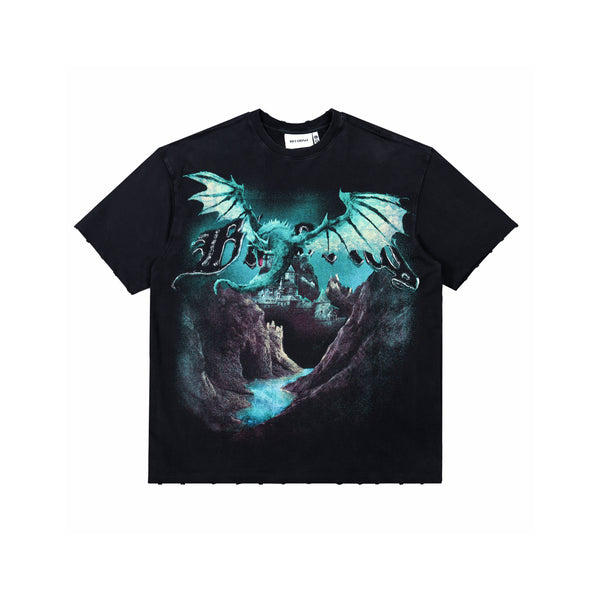 Oversized premium tee Wrath Wings screen print with worn edge style