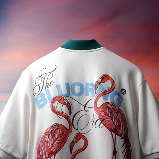 WHITE EMERALD FLAMINGO POLO T-SHIRT (PRE-ORDER)