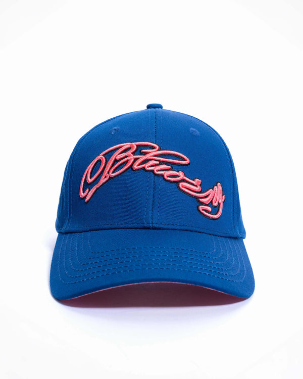 Blue cap with pink logo on a white background