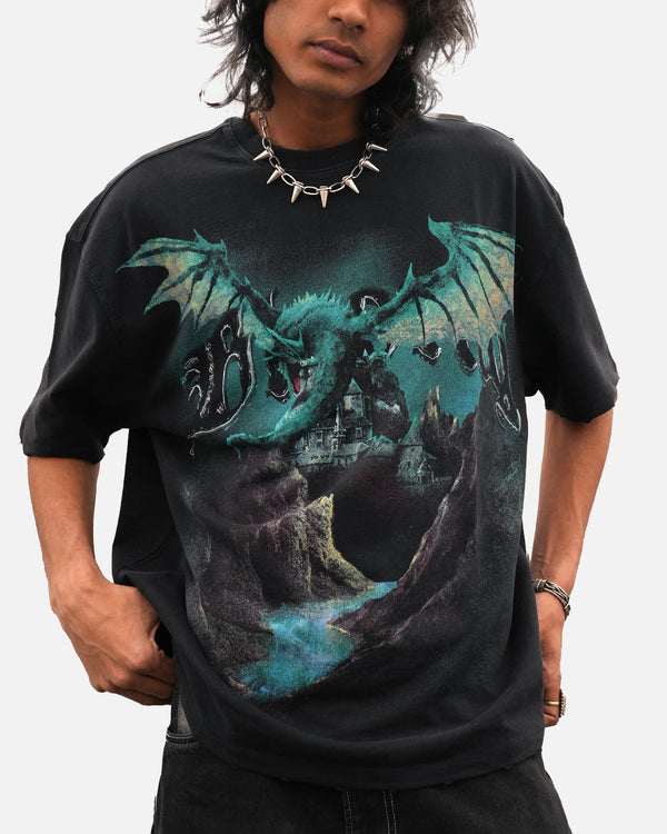 Premium oversized t-shirt with Wrath Wings dragon graphic & distressed hem