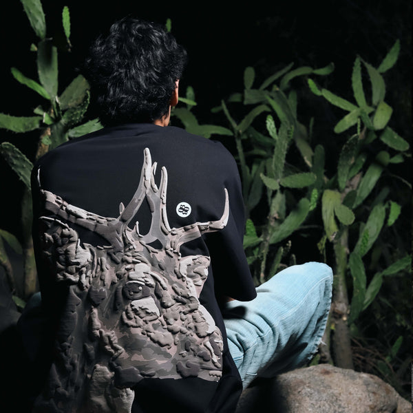 Premium black oversized statement stag rugged t-shirt