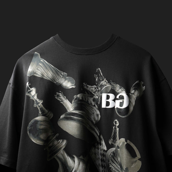 GREY CHECKMATE T-SHIRT 3D WITH CHESS PIECE GRAPHIC PRINT