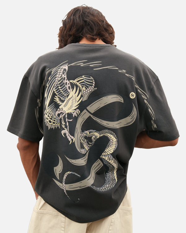 Grey wash oversized t-shirt serpent battle graphic