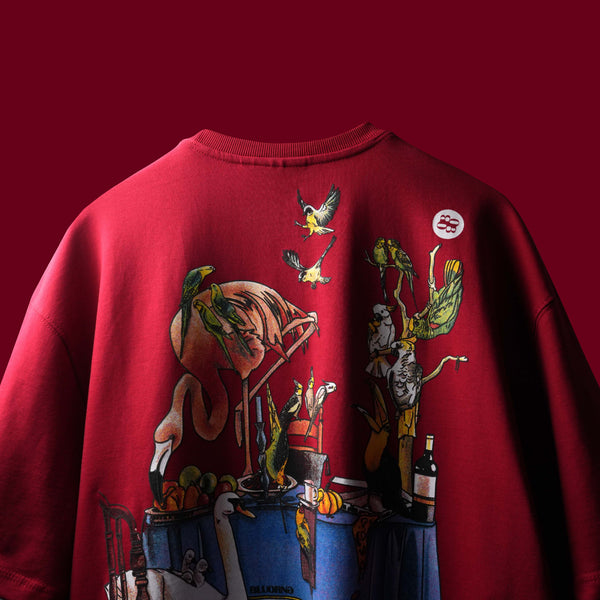 RED FINE DINE T-SHIRT - Bird Printed T-Shirt