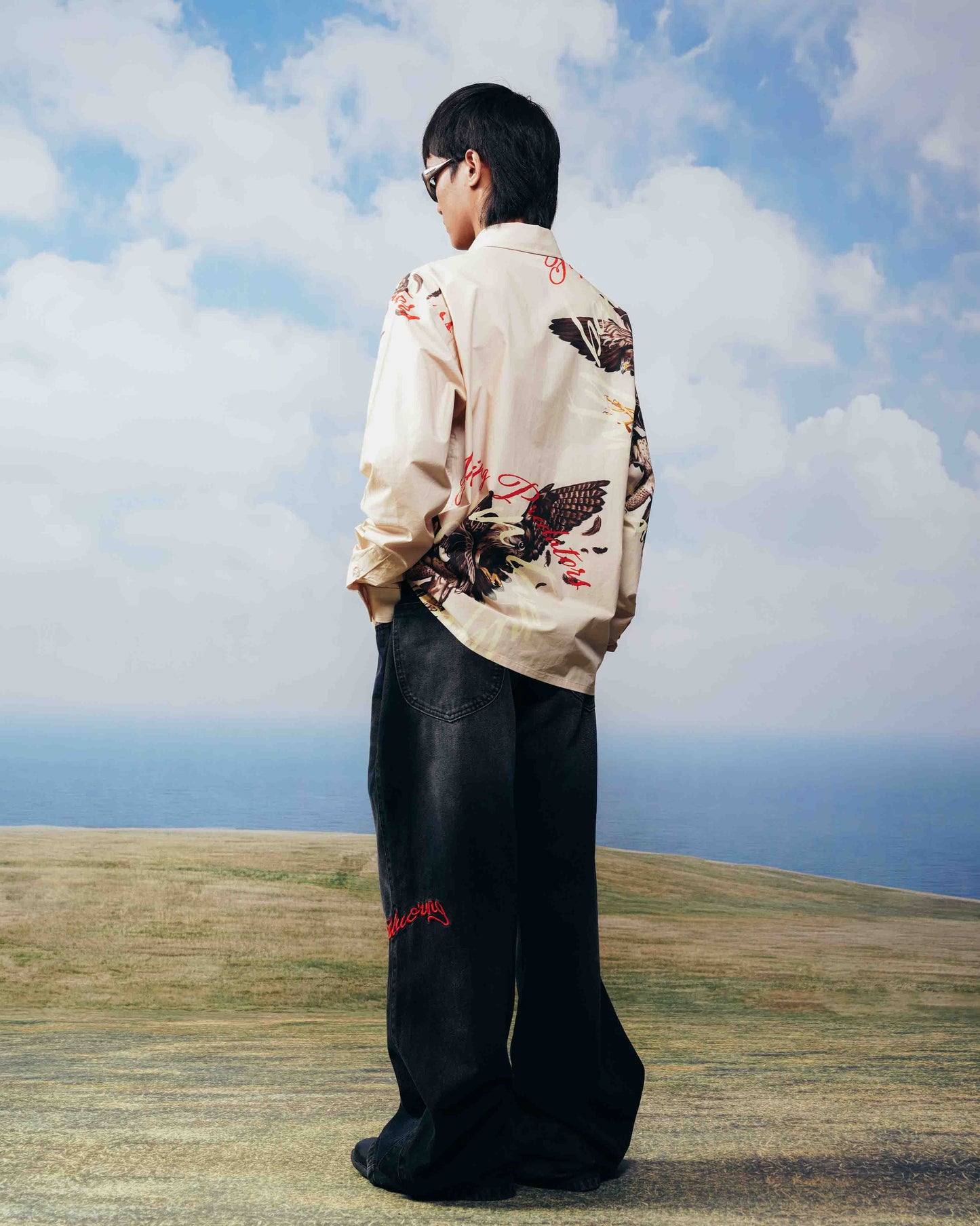 Cream printed cotton poplin shirt