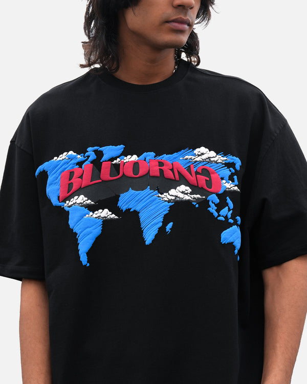 Premium oversized black tee scribble worldwide graphic
