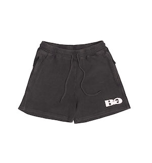 Black drawstring shorts with a white 'BG' logo on the lower left leg, displayed flat against a white background.