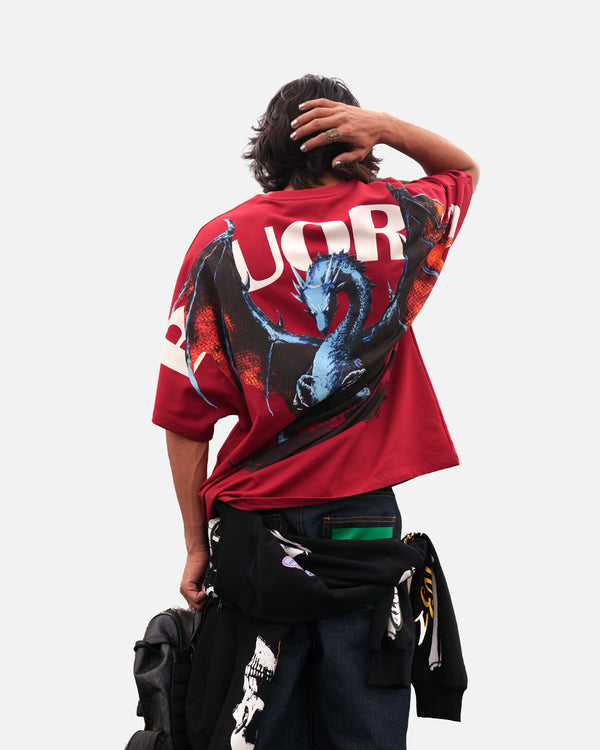Luxury oversized red tee with puff dragon design
