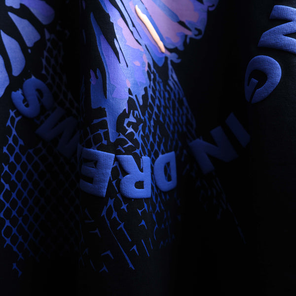 High-density puff print navy blue t-shirt featuring bird motif and premium oversized fit